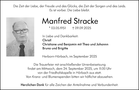 Traueranzeige von Manfred Stracke von Dill Block