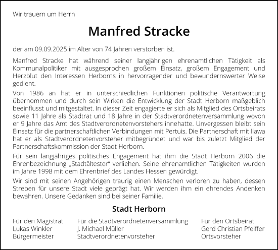 Traueranzeige von Manfred Stracke von Dill Block