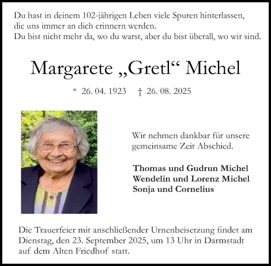 Traueranzeige von Margarete Michel von Darmstädter Echo