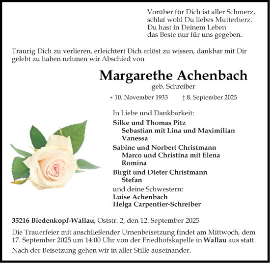 Traueranzeige von Margarethe Achenbach von Hinterländer Anzeiger