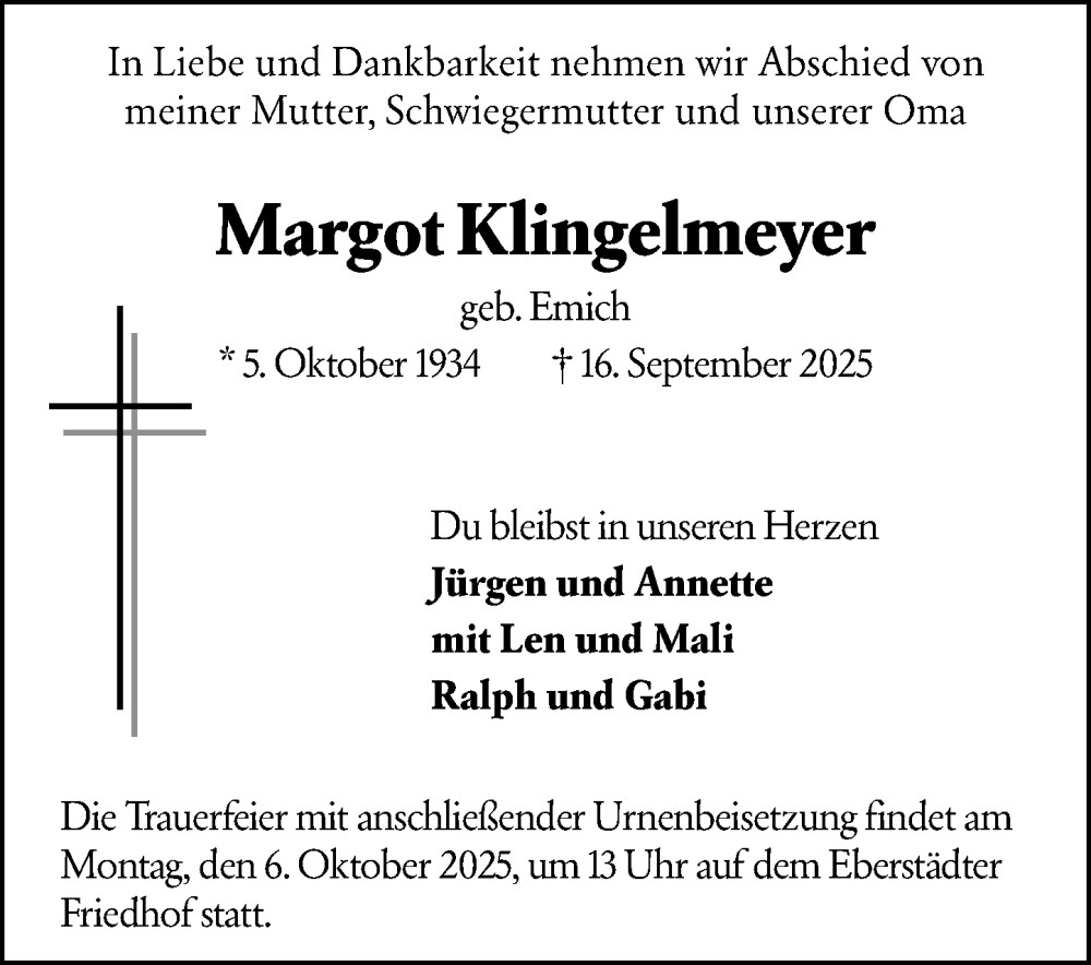  Traueranzeige für Margot Klingelmeyer vom 27.09.2025 aus Darmstädter Echo