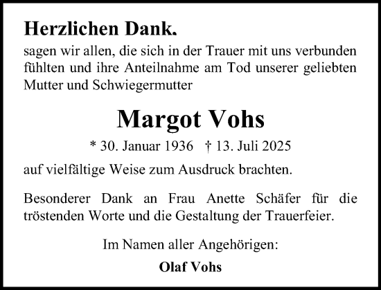 Traueranzeige von Margot Vohs von Allgemeine Zeitung Mainz