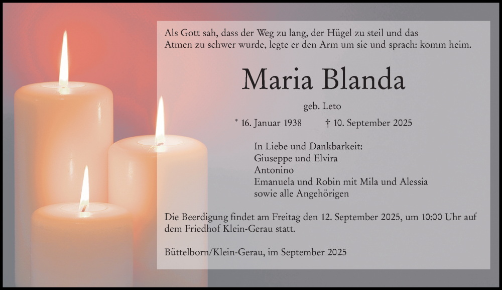  Traueranzeige für Maria Blanda vom 11.09.2025 aus Groß-Gerauer Echo