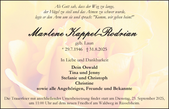 Traueranzeige von Maria Helene Kappel-Rodrian von Rüsselsheimer Echo