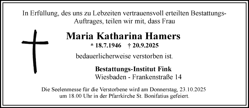  Traueranzeige für Maria Katharina Hamers vom 27.09.2025 aus Wiesbadener Kurier