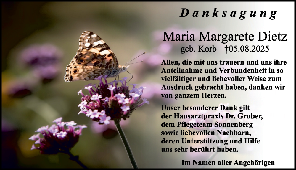  Traueranzeige für Maria Margarete Dietz vom 20.09.2025 aus Odenwälder Echo