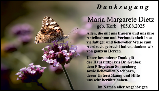 Traueranzeige von Maria Margarete Dietz von Odenwälder Echo