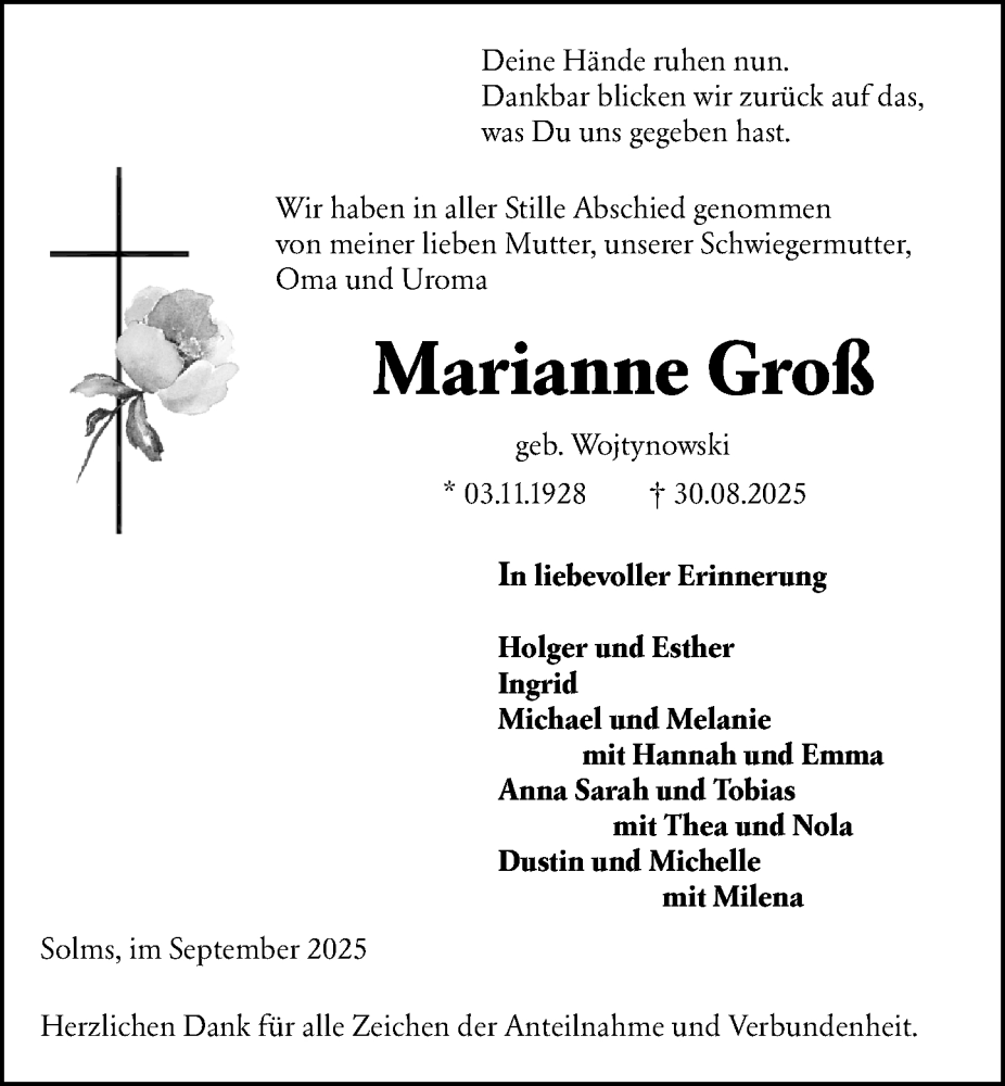  Traueranzeige für Marianne Groß vom 27.09.2025 aus Wetzlarer Neue Zeitung