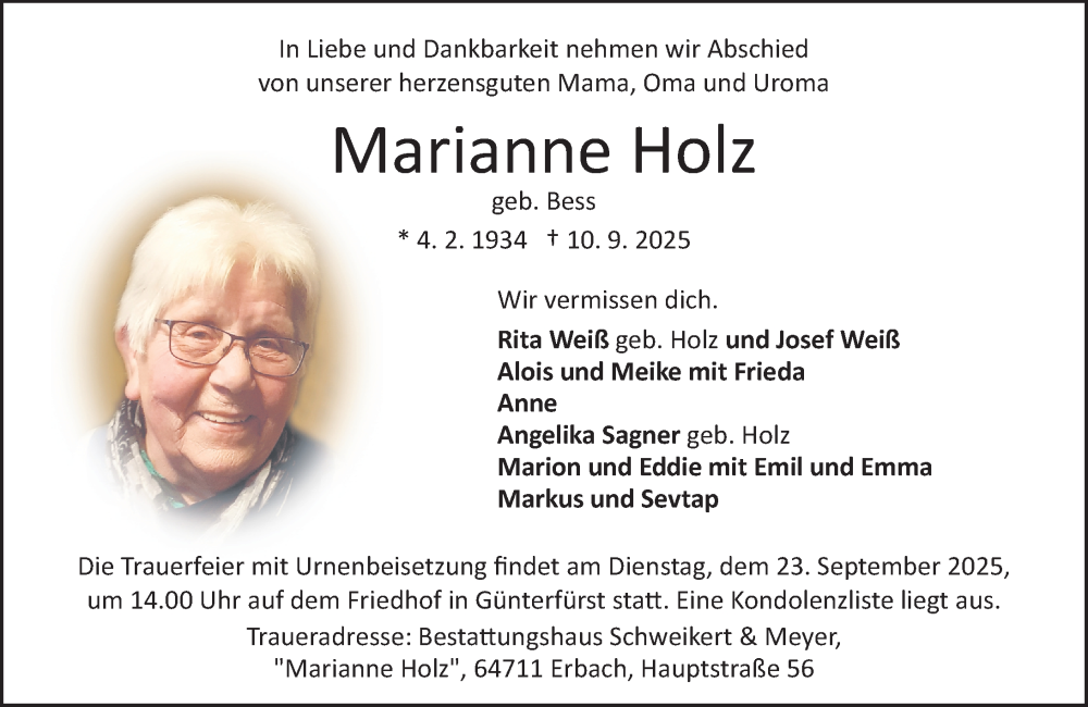  Traueranzeige für Marianne Holz vom 13.09.2025 aus Odenwälder Echo