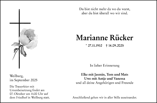 Traueranzeige von Marianne Rücker von Weilburger Tageblatt