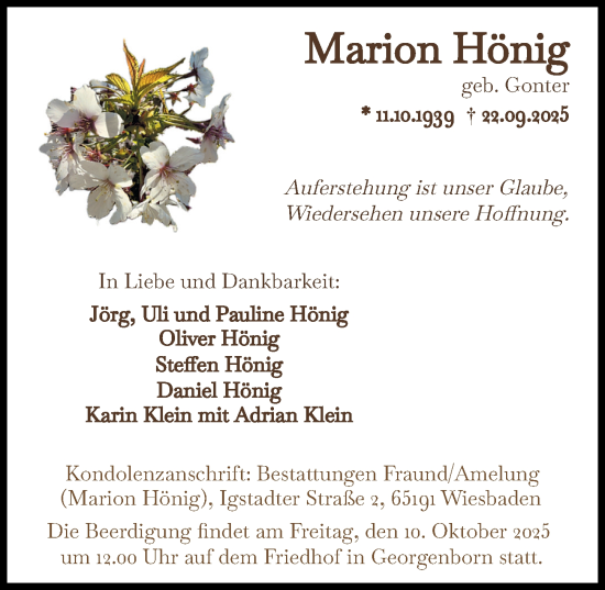 Traueranzeige von Marion Hönig von Wiesbadener Kurier