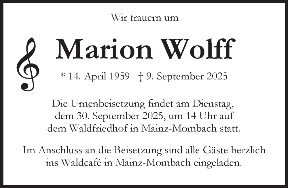  Traueranzeige für Marion Wolff vom 27.09.2025 aus Allgemeine Zeitung Mainz