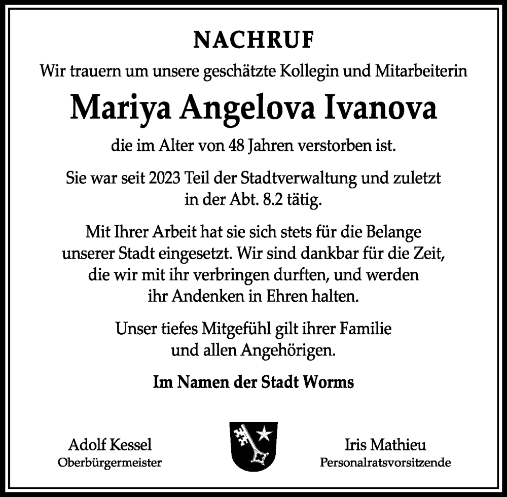  Traueranzeige für Mariya Angelova Ivanova vom 06.09.2025 aus Wormser Zeitung