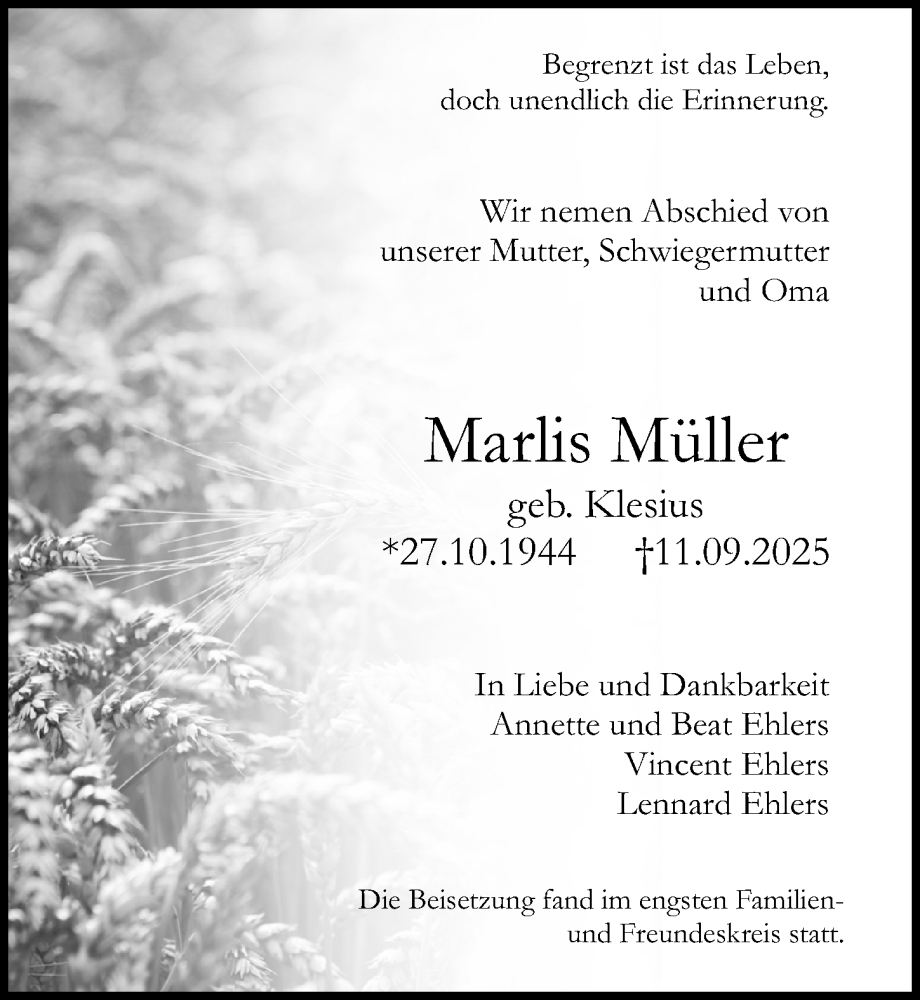  Traueranzeige für Marlis Müller vom 27.09.2025 aus Allgemeine Zeitung Rheinhessen-Nahe