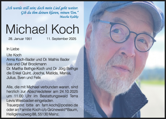 Traueranzeige von Michael Koch von Allgemeine Zeitung Mainz