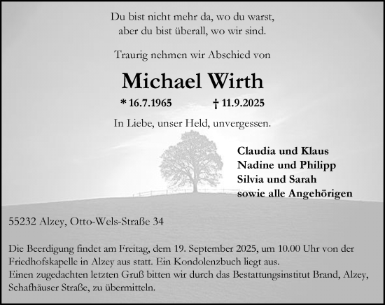 Traueranzeige von Michael Wirth von Allgemeine Zeitung Alzey