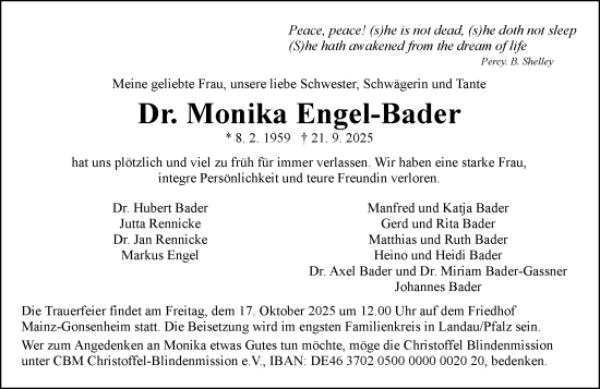 Traueranzeige von Monika Engel-Bader von Allgemeine Zeitung Mainz