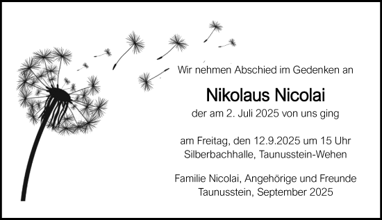 Traueranzeige von Nikolaus Nicolai von Wiesbadener Kurier