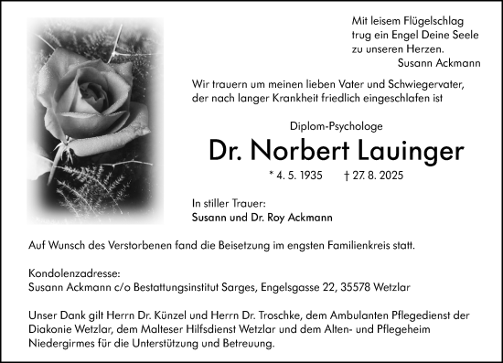 Traueranzeige von Norbert Lauinger von Wetzlarer Neue Zeitung