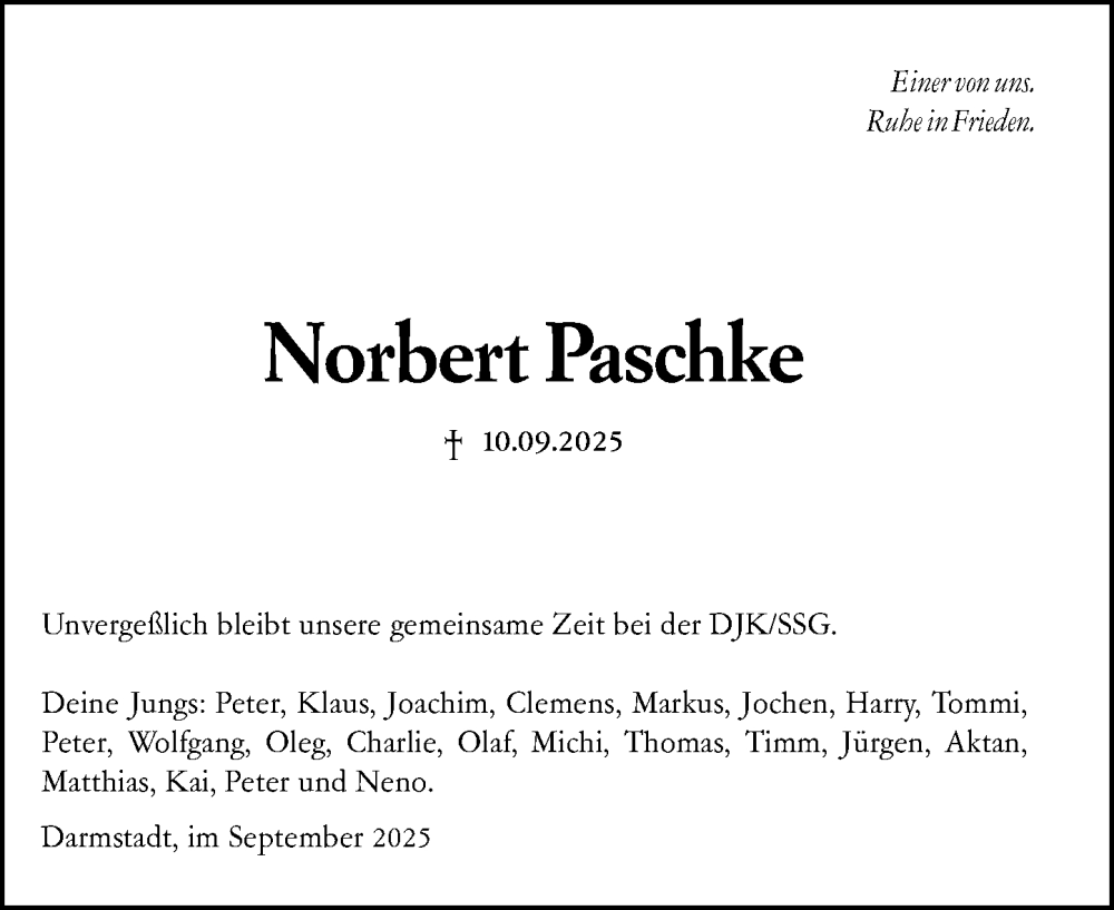  Traueranzeige für Norbert Paschke vom 20.09.2025 aus Darmstädter Echo