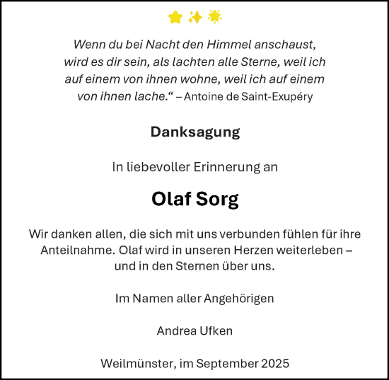 Traueranzeige von Olaf Sorg von Weilburger Tageblatt