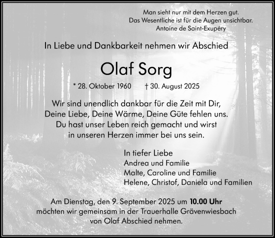 Traueranzeige von Olaf Sorg von Weilburger Tageblatt