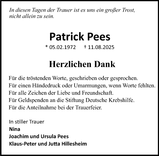 Traueranzeige von Patrick Pees von Allgemeine Zeitung Rheinhessen-Nahe