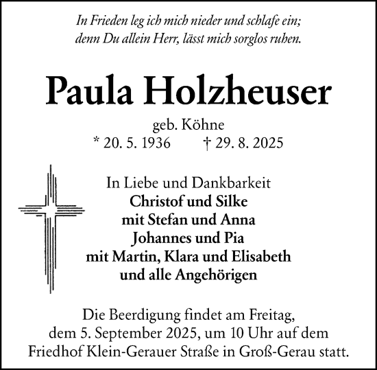 Traueranzeige von Paula Holzheuser von Groß-Gerauer Echo