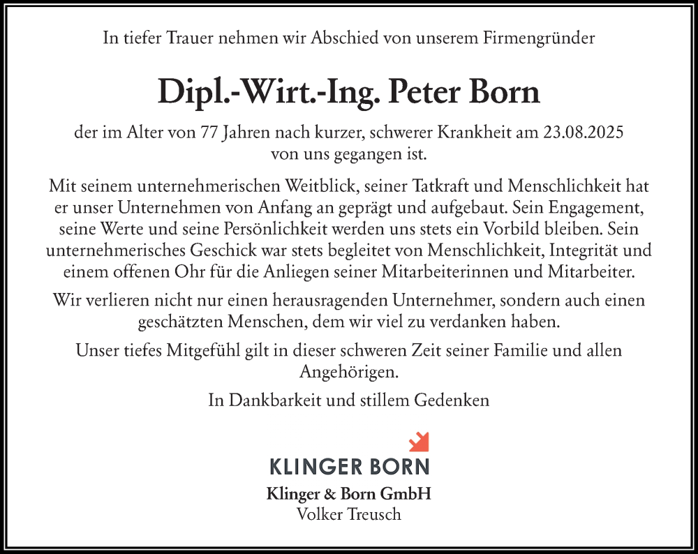 Traueranzeige für Peter Born vom 06.09.2025 aus Darmstädter Echo