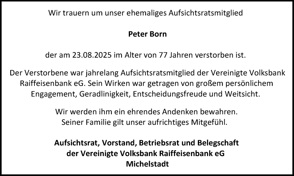  Traueranzeige für Peter Born vom 06.09.2025 aus Odenwälder Echo