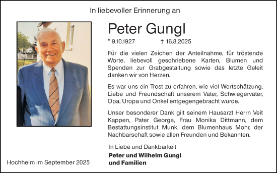 Traueranzeige von Peter Gungl von Hochheimer Zeitung