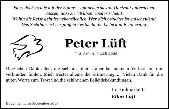Traueranzeige von Peter Lüft von Allgemeine Zeitung Mainz