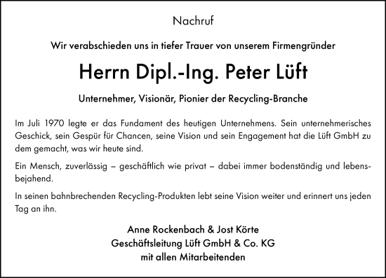 Traueranzeige von Peter Lüft von Allgemeine Zeitung Mainz
