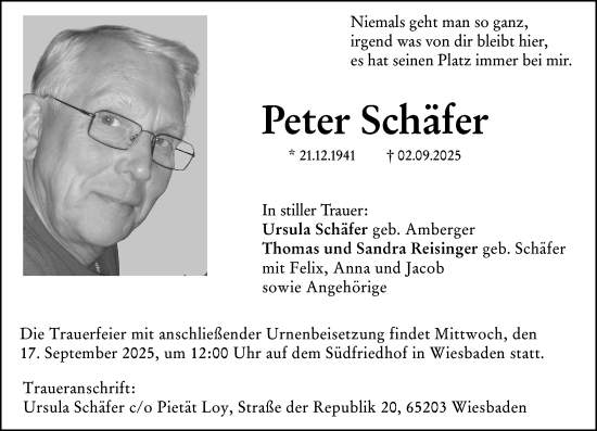 Traueranzeige von Peter Schäfer von Wiesbadener Kurier