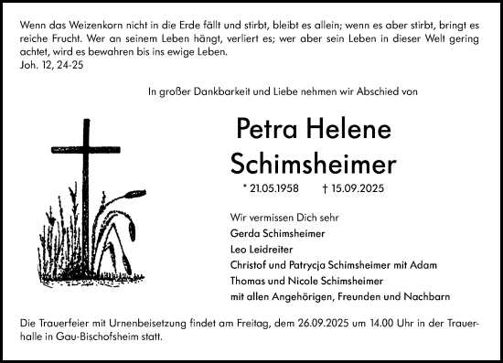 Traueranzeige von Petra Helene Schimsheimer von Allgemeine Zeitung Mainz
