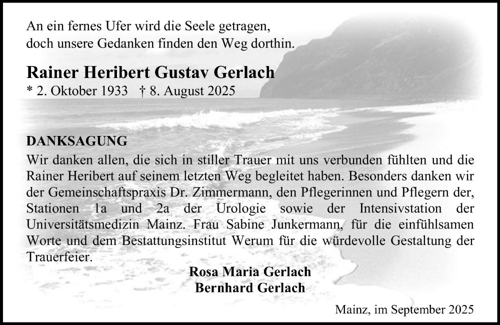  Traueranzeige für Rainer Heribert Gustav Gerlach vom 06.09.2025 aus Allgemeine Zeitung Mainz