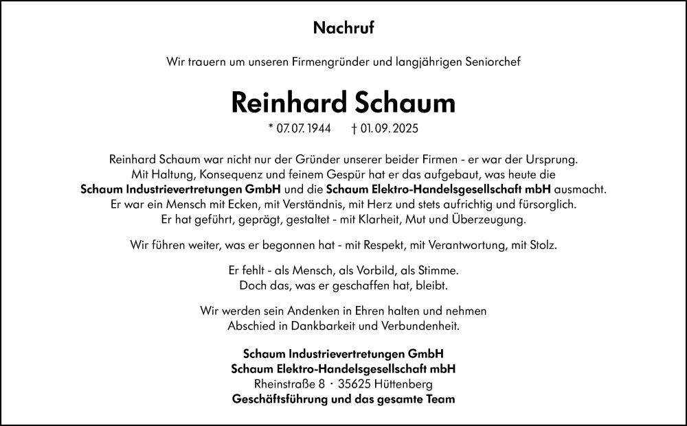  Traueranzeige für Reinhard Schaum vom 12.09.2025 aus Wetzlarer Neue Zeitung