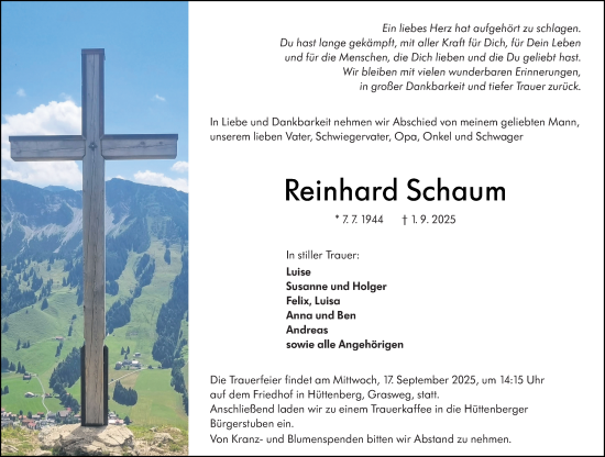 Traueranzeige von Reinhard Schaum von Wetzlarer Neue Zeitung