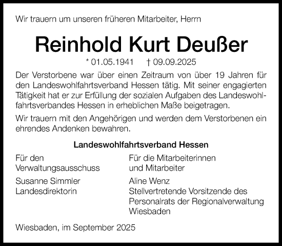 Traueranzeige von Reinhold Kurt Deußer von Wiesbadener Kurier