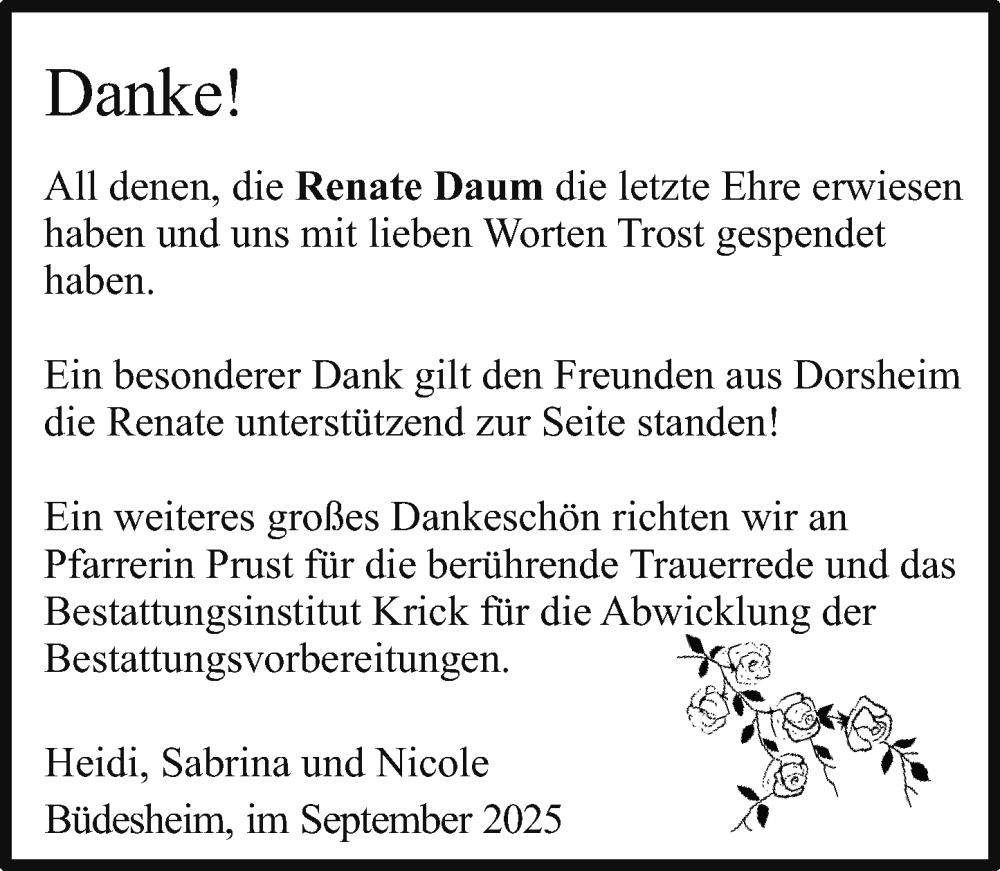  Traueranzeige für Renate Daum vom 20.09.2025 aus Binger-/Ingelheimer Wochenblatt