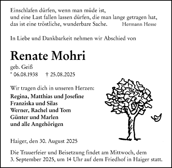 Traueranzeige von Renate Mohri von Dill Block