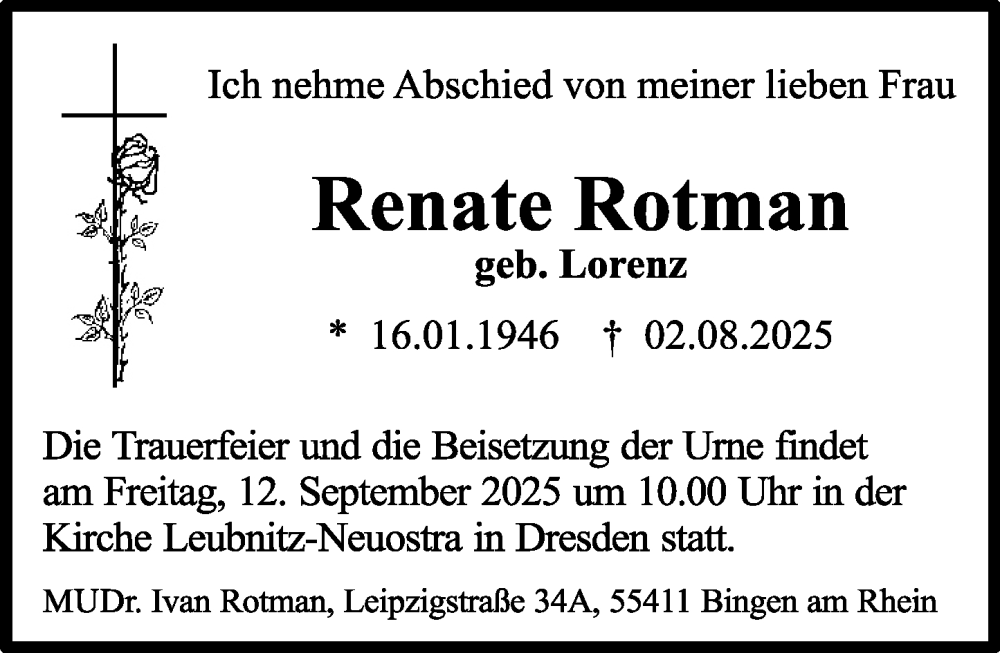  Traueranzeige für Renate Rotman vom 30.08.2025 aus Allgemeine Zeitung Rheinhessen-Nahe