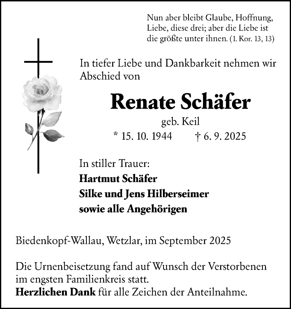  Traueranzeige für Renate Schäfer vom 20.09.2025 aus Hinterländer Anzeiger