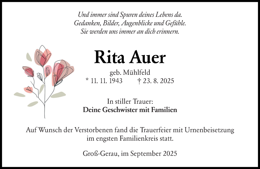  Traueranzeige für Rita Auer vom 06.09.2025 aus Groß-Gerauer Echo
