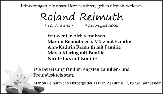 Traueranzeige von Roland Reimuth von Wiesbadener Kurier