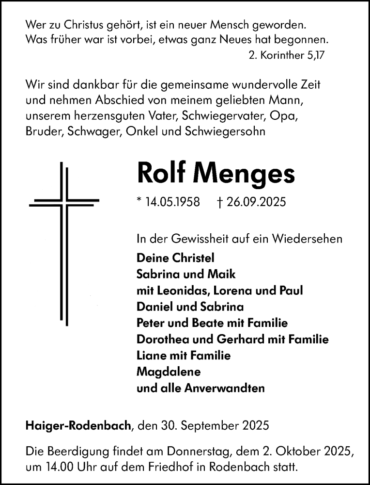  Traueranzeige für Rolf Menges vom 30.09.2025 aus Dill Block