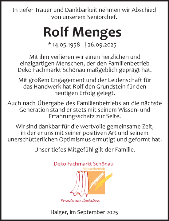 Traueranzeige von Rolf Menges von Dill Block