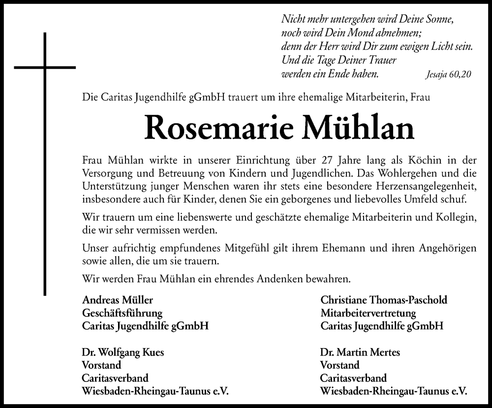  Traueranzeige für Rosemarie Mühlan vom 13.09.2025 aus Wiesbadener Kurier