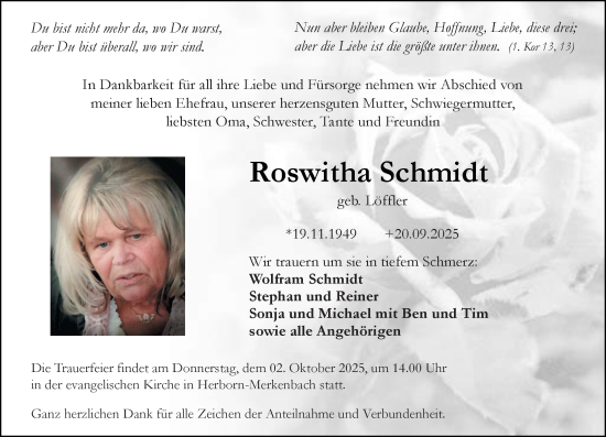 Traueranzeige von Roswitha Schmidt von Dill Block