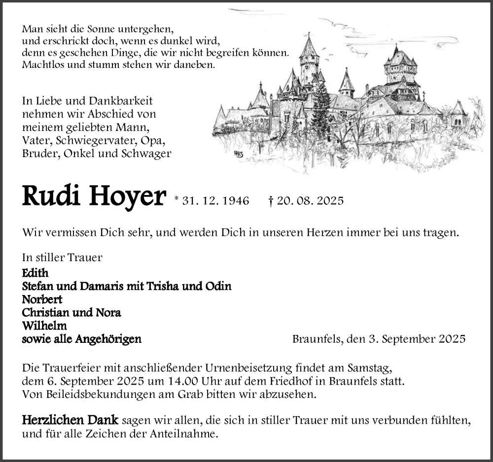  Traueranzeige für Rudi Hoyer vom 03.09.2025 aus Wetzlarer Neue Zeitung